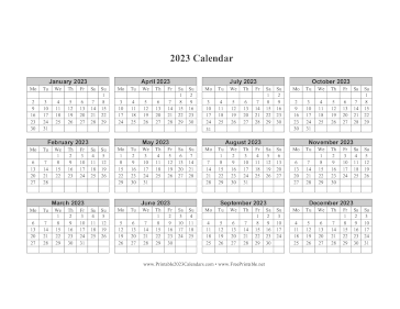 2023 Calendar One Page Horizontal Grid Descending Monday Start Calendar