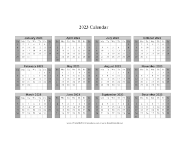 2023 Calendar One Page Horizontal Grid Descending Shaded Weekends Calendar
