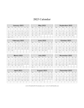 2023 Calendar One Page Vertical Grid Descending Monday Start Calendar