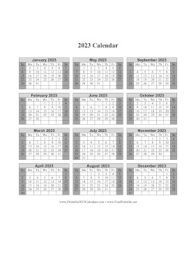 2023 Calendar One Page Vertical Grid Descending Shaded Weekends Calendar