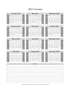 2023 Calendar One Page Vertical Grid Descending Shaded Weekends Notes Calendar