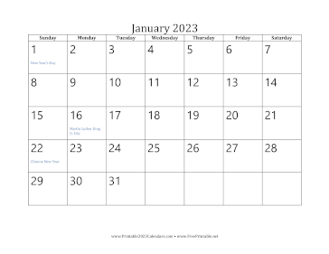 January 2023 Calendar Calendar