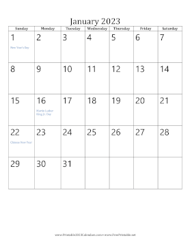 January 2023 Calendar (vertical) Calendar