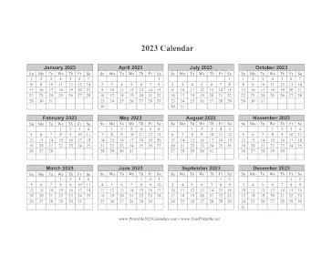 2023 Calendar One Page Horizontal Grid Descending Calendar
