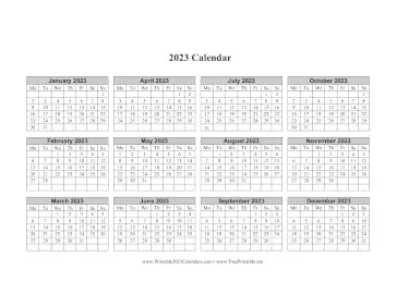 2023 Calendar One Page Horizontal Grid Descending Monday Start Calendar