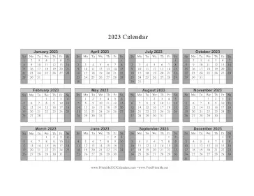 2023 Calendar One Page Horizontal Grid Descending Shaded Weekends Calendar