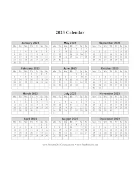 2023 Calendar One Page Vertical Grid Descending Monday Start Calendar