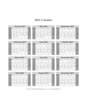 2023 Calendar One Page Vertical Grid Descending Shaded Weekends Calendar