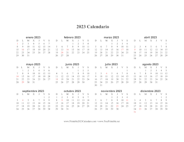 Printable 2023 Calendario en Una Pagina Horizontal