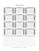 2023 on one page (vertical shaded weekends notes)